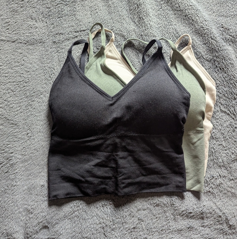 Set of Three V-Neck Bralettes in Black, Green, and Beige